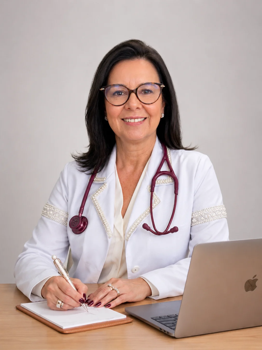 Dra. Cynthia Kane escrevendo prescrição médica em atendimento